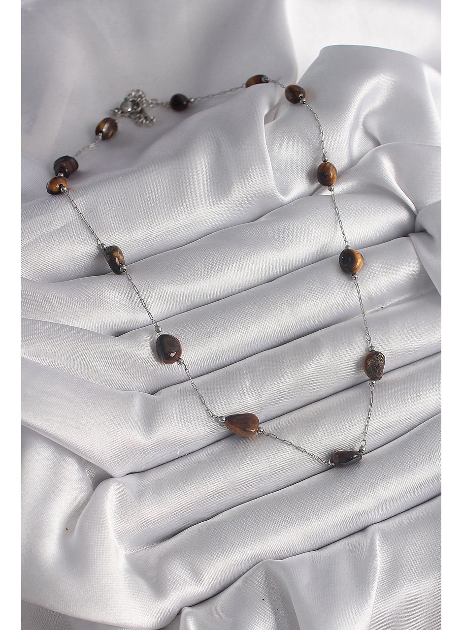 316L Çelik Gümüş Renk Zincir Kahverengi Doğaltaş Model Kadın Kolye