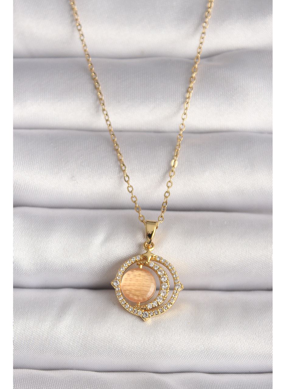 316L Çelik Gold Renk Zirkon Taşlı Turuncu Sedefli Hilal Model Kadın Kolye