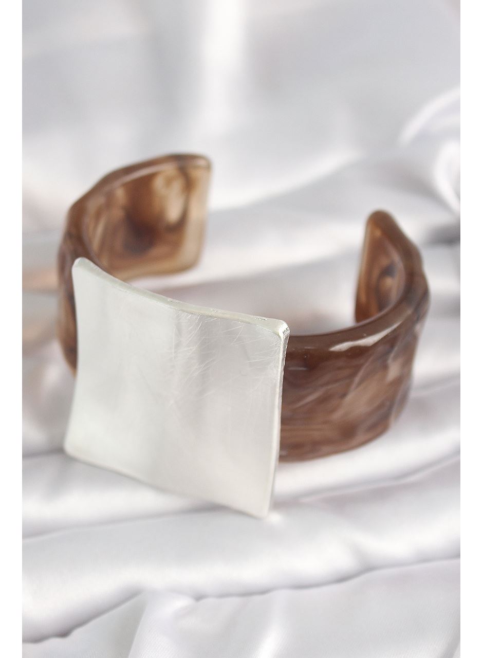 Kahverengi Mermer Desen Akrilik Plastik Gümüş Kare Plaka Model Vintage Kadın Bilezik