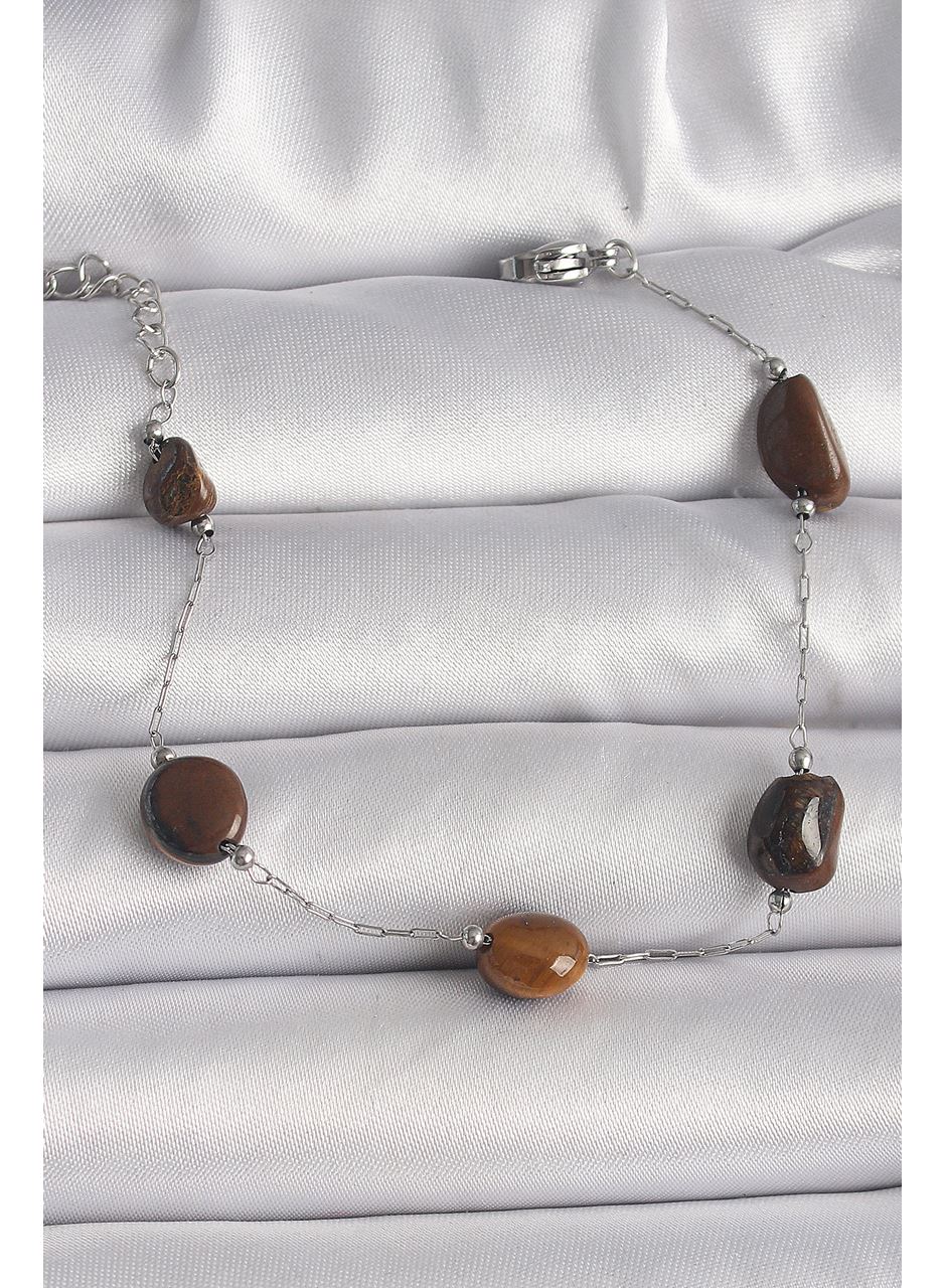 316L Çelik Gümüş Renk Zincir Kahverengi Doğaltaş Model Kadın Bileklik