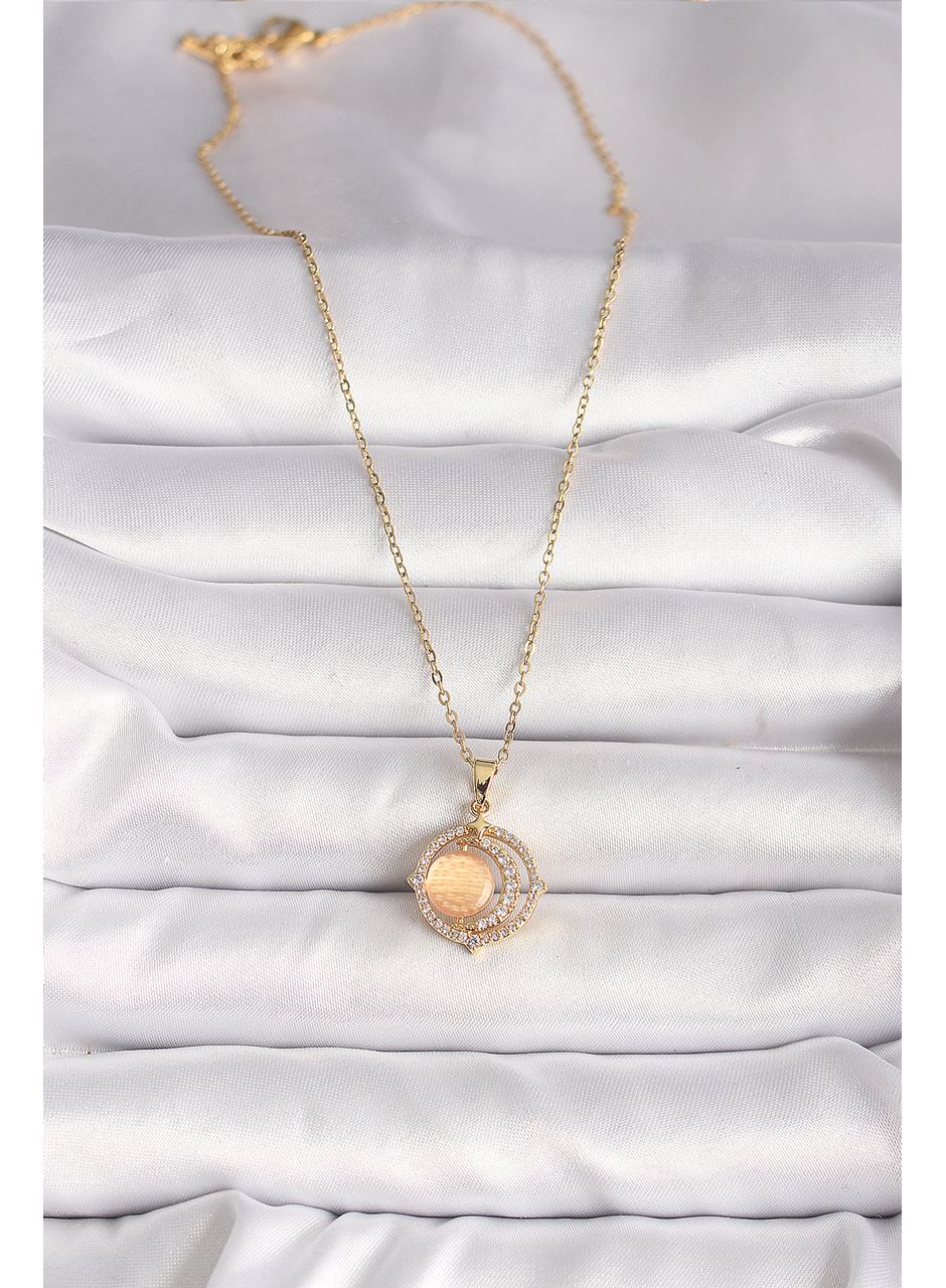 316L Çelik Gold Renk Zirkon Taşlı Turuncu Sedefli Hilal Model Kadın Kolye