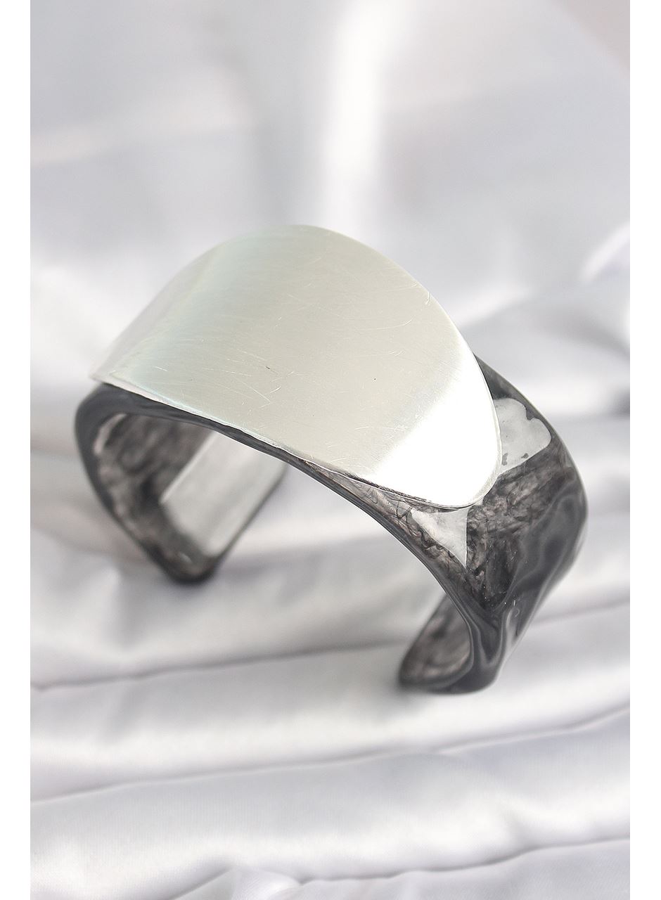 Siyah Mermer Desen Akrilik Plastik Gümüş Oval Plaka Model Vintage Kadın Bilezik