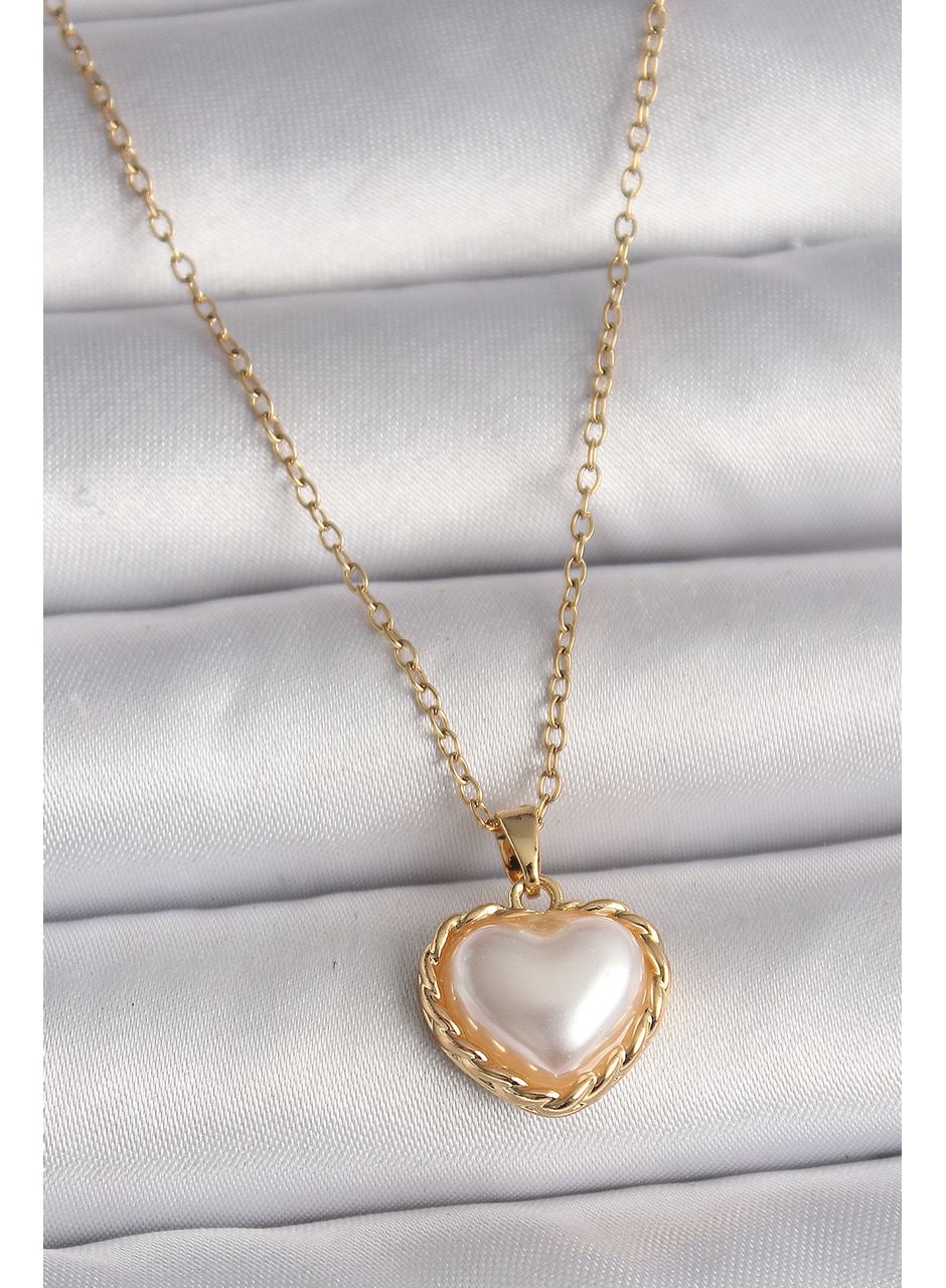 316L Çelik Gold Renk Zincir 3D İnci Kalp Model Kadın Kolye