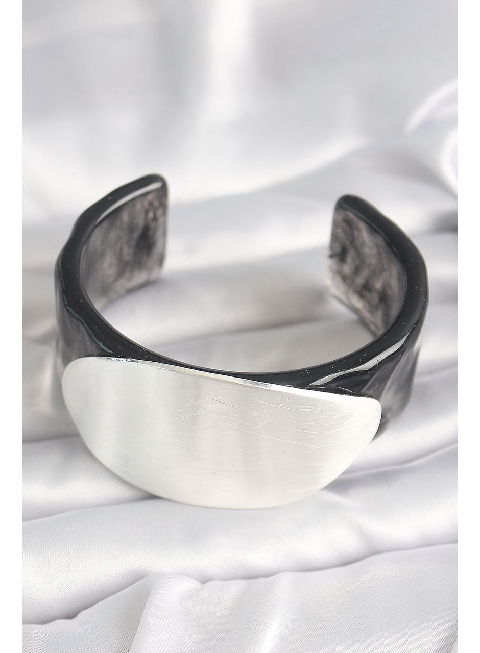 Siyah Mermer Desen Akrilik Plastik Gümüş Oval Plaka Model Vintage Kadın Bilezik