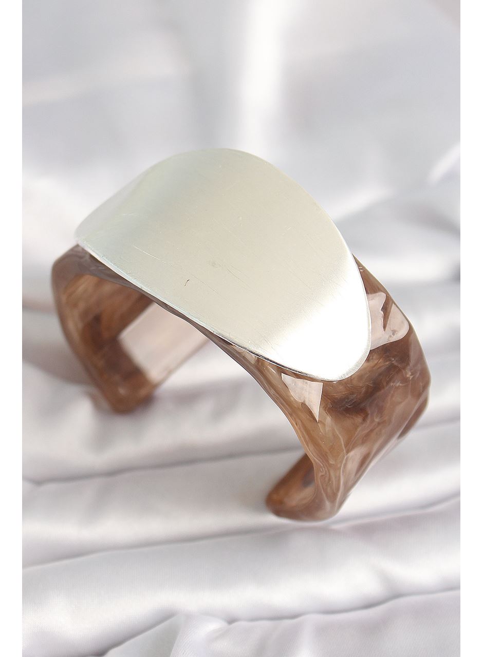 Kahverengi Mermer Desen Akrilik Plastik Gümüş Oval Plaka Model Vintage Kadın Bilezik