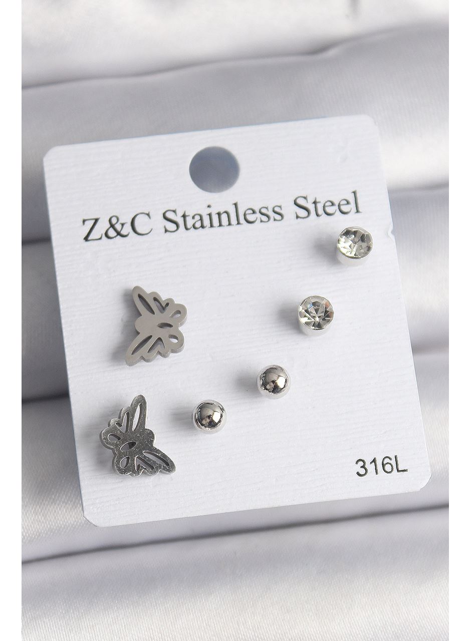 316L Çelik Gümüş Renk Zirkon Taşlı Kelebek Model Kadın Küpe Seti