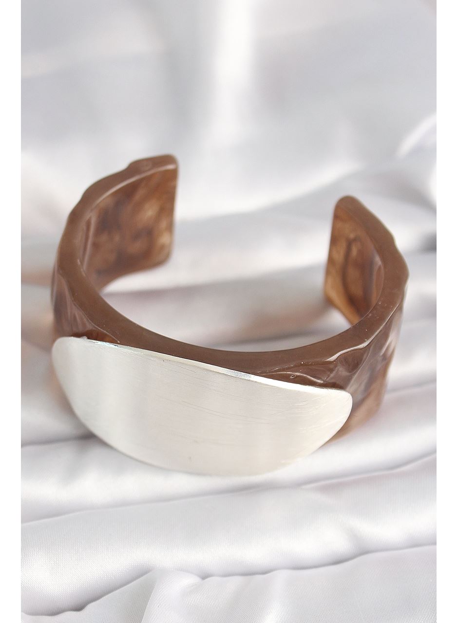 Kahverengi Mermer Desen Akrilik Plastik Gümüş Oval Plaka Model Vintage Kadın Bilezik