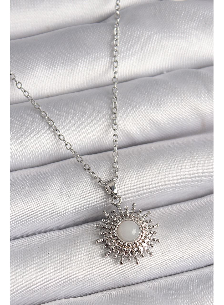 316L Çelik Gümüş Renk Zincir Beyaz Mineli Güneş Model Kadın Kolye