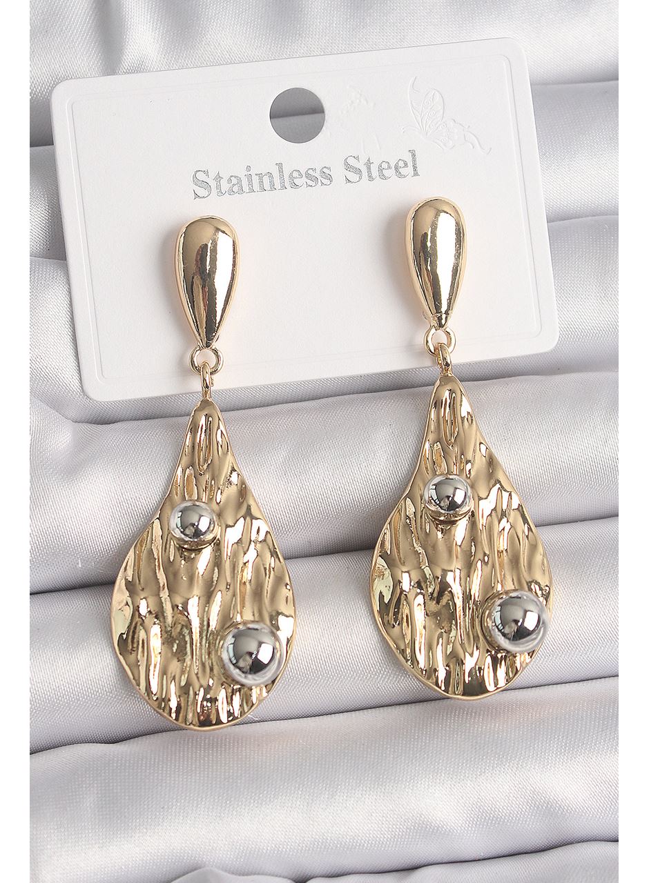 Pirinç Gold Renk Sallantı Damla Model Gümüş Top Detay Kadın Küpe