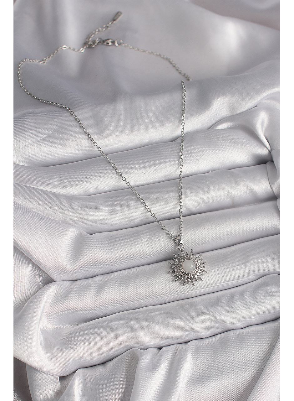 316L Çelik Gümüş Renk Zincir Beyaz Mineli Güneş Model Kadın Kolye