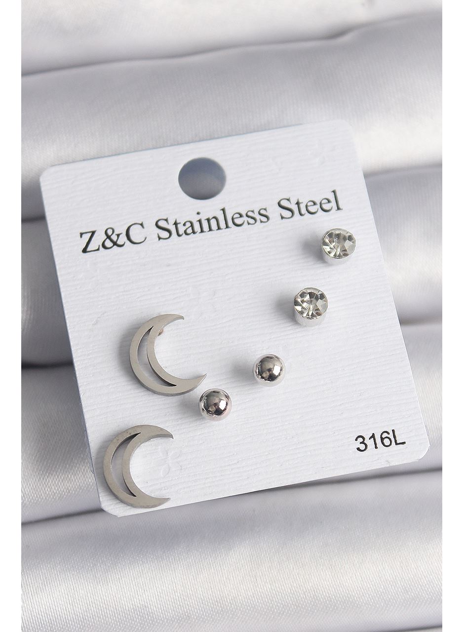316L Çelik Gümüş Renk Zirkon Taşlı Hilal Model Kadın Küpe Seti