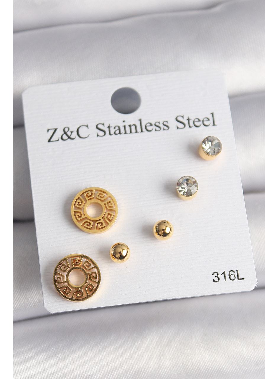 316L Çelik Gold Renk Zirkon Taşı Labirent Model Kadın Küpe Seti