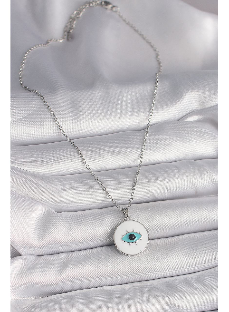 316L Çelik Gümüş Renk Zincir Beyaz Mineli Turkuaz Göz İşleme Model Kadın Kolye