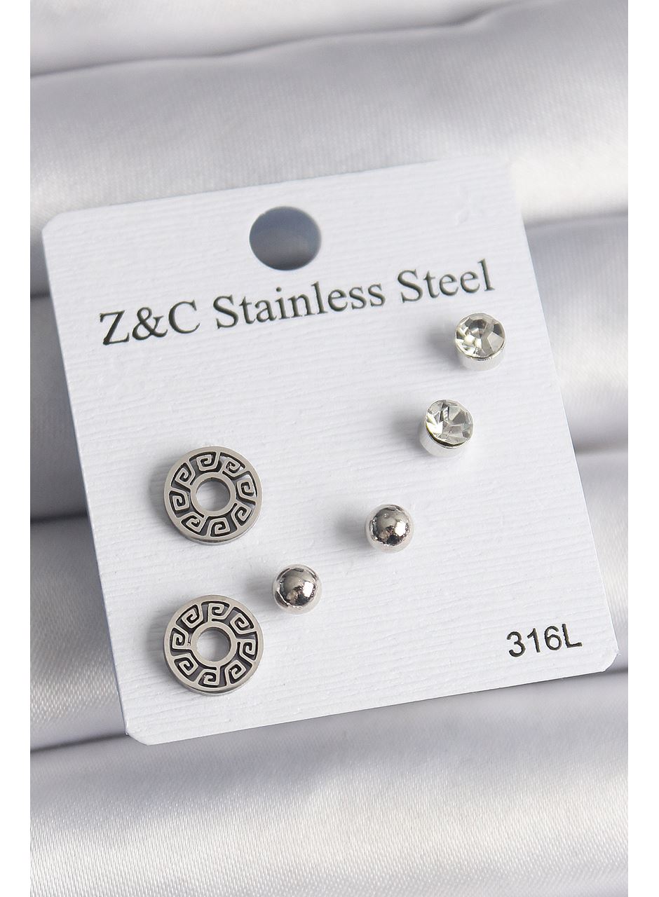 316L Çelik Gümüş Renk Zirkon Taşlı Labirent Model Kadın Küpe Seti