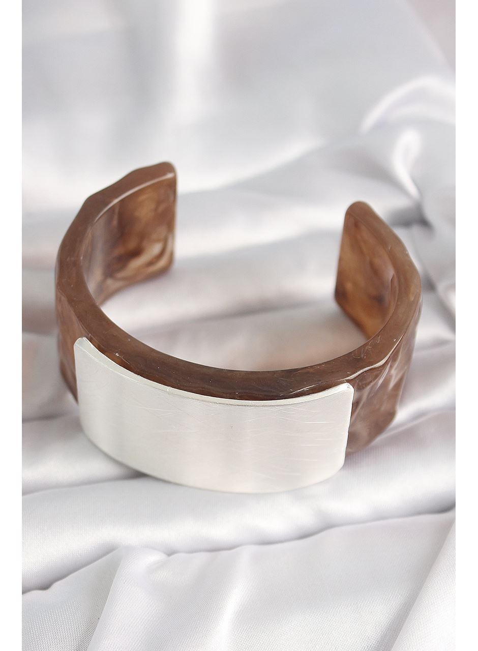 Kahverengi Mermer Desen Akrilik Plastik Gümüş Dikdörtgen Plaka Vintage Kadın Bilezik