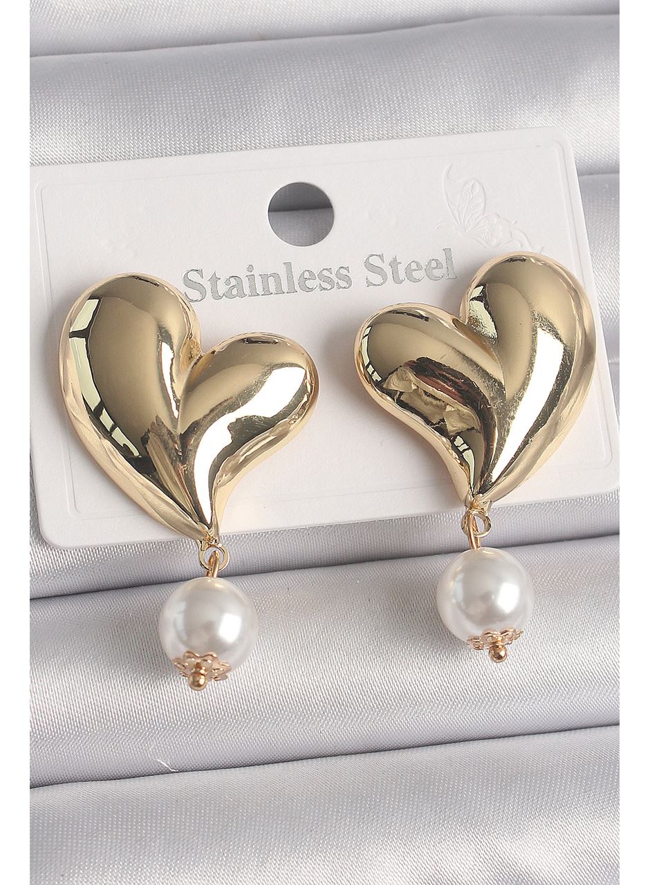 Pirinç Gold Renk Kalp Model Sallantı İnci Detay Kadın Küpe