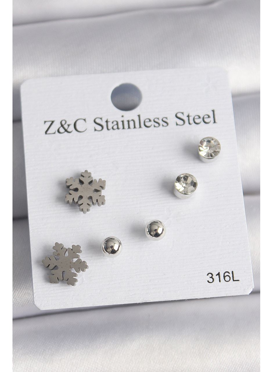 316L Çelik Gümüş Renk Zirkon Taşlı Kar Tanesi Model Kadın Küpe Seti