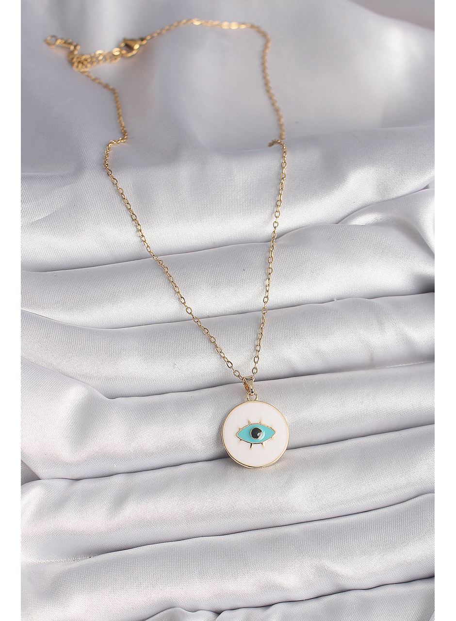 316L Çelik Gold Renk Zincir Beyaz Mineli Turkuaz Göz İşleme Model Kadın Kolye