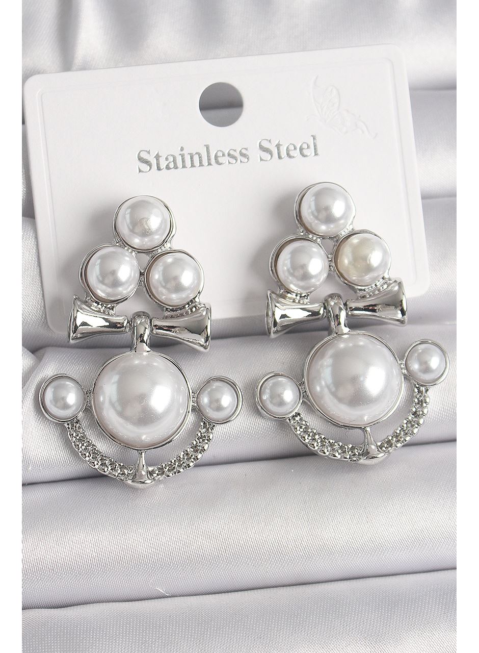 Pirinç Gümüş Renk Sallantı İncili Çapa Model Kadın Küpe