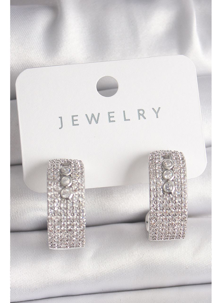 Pirinç Gümüş Renk Zirkon Taşlı Halka Messika Model Kadın Küpe