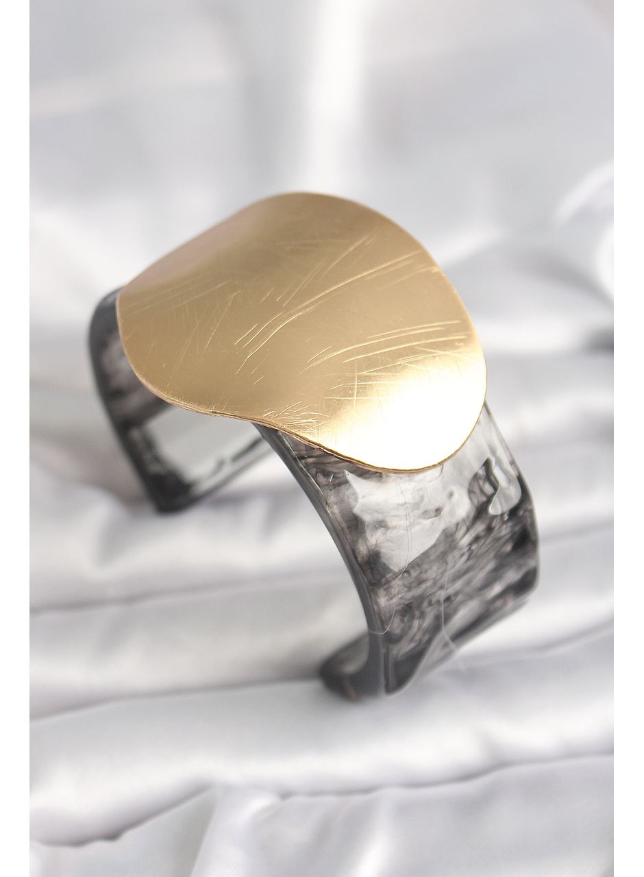 Siyah Mermer Desen Akrilik Plastik Gold Daire Plaka Model Vintage Kadın Bilezik