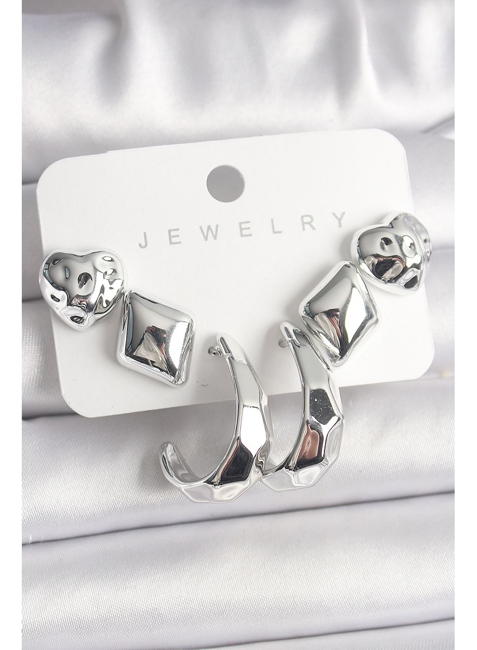 Gümüş Renk Kalp Halka Figür CCB Plastik Kadın Küpe Seti