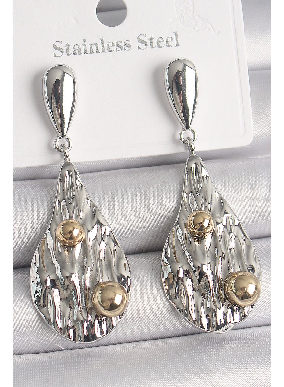 Pirinç Gümüş Renk Sallantı Damla Model Gold Topçuk Detay Kadın Küpe