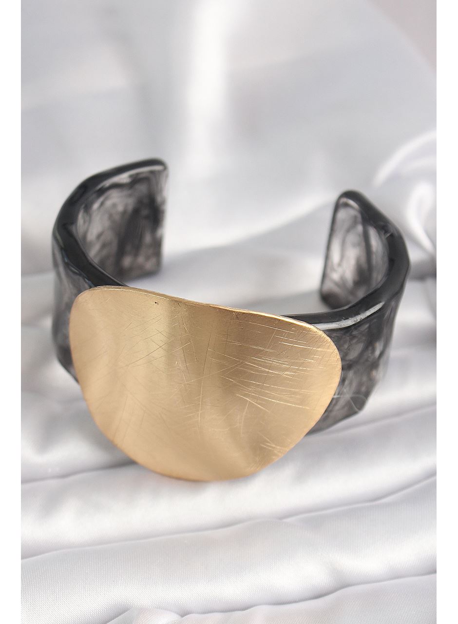 Siyah Mermer Desen Akrilik Plastik Gold Daire Plaka Model Vintage Kadın Bilezik