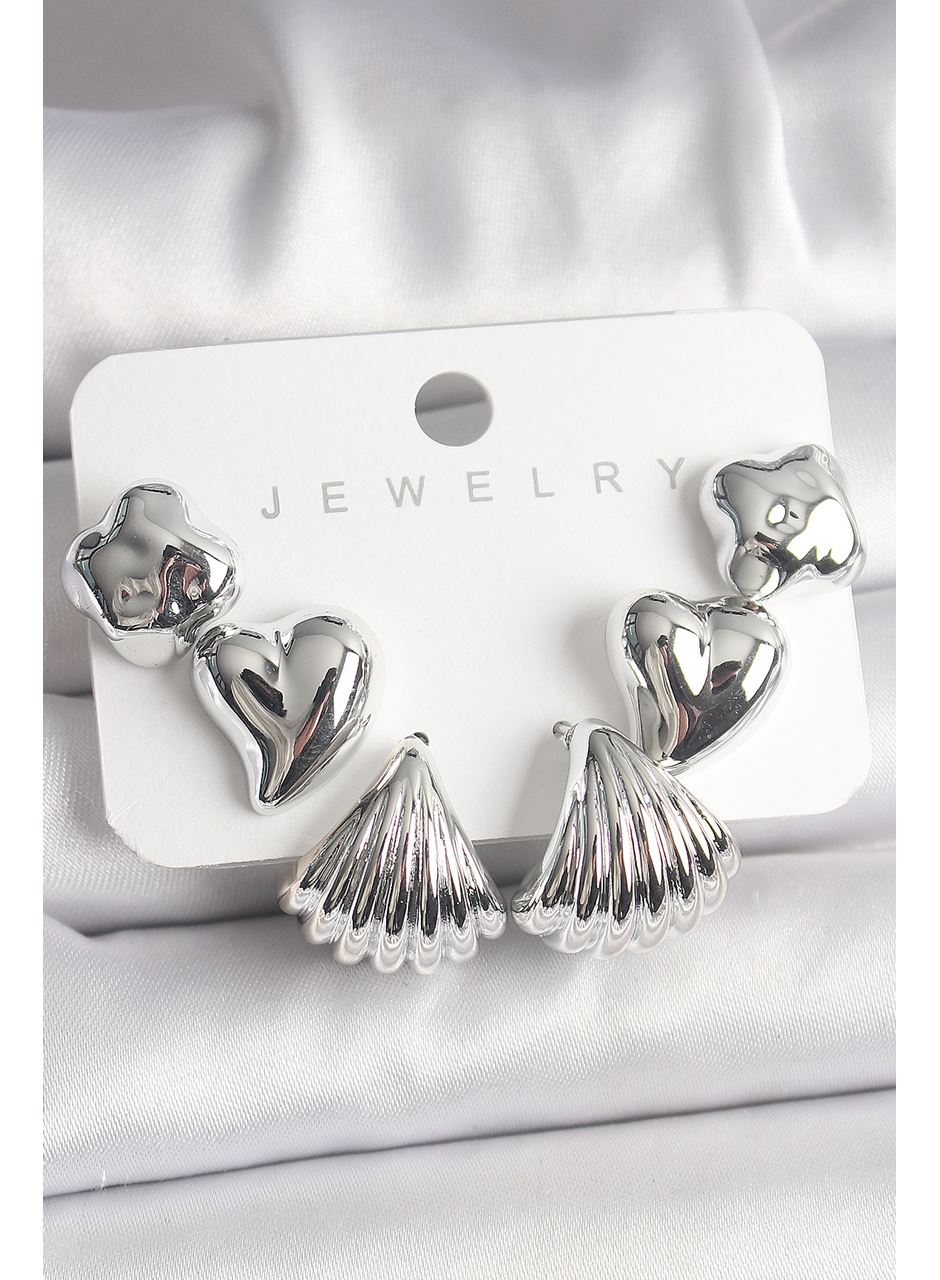 Gümüş Renk Yonca Kalp Deniz Kabuğu Figür CCB Kadın Küpe Seti