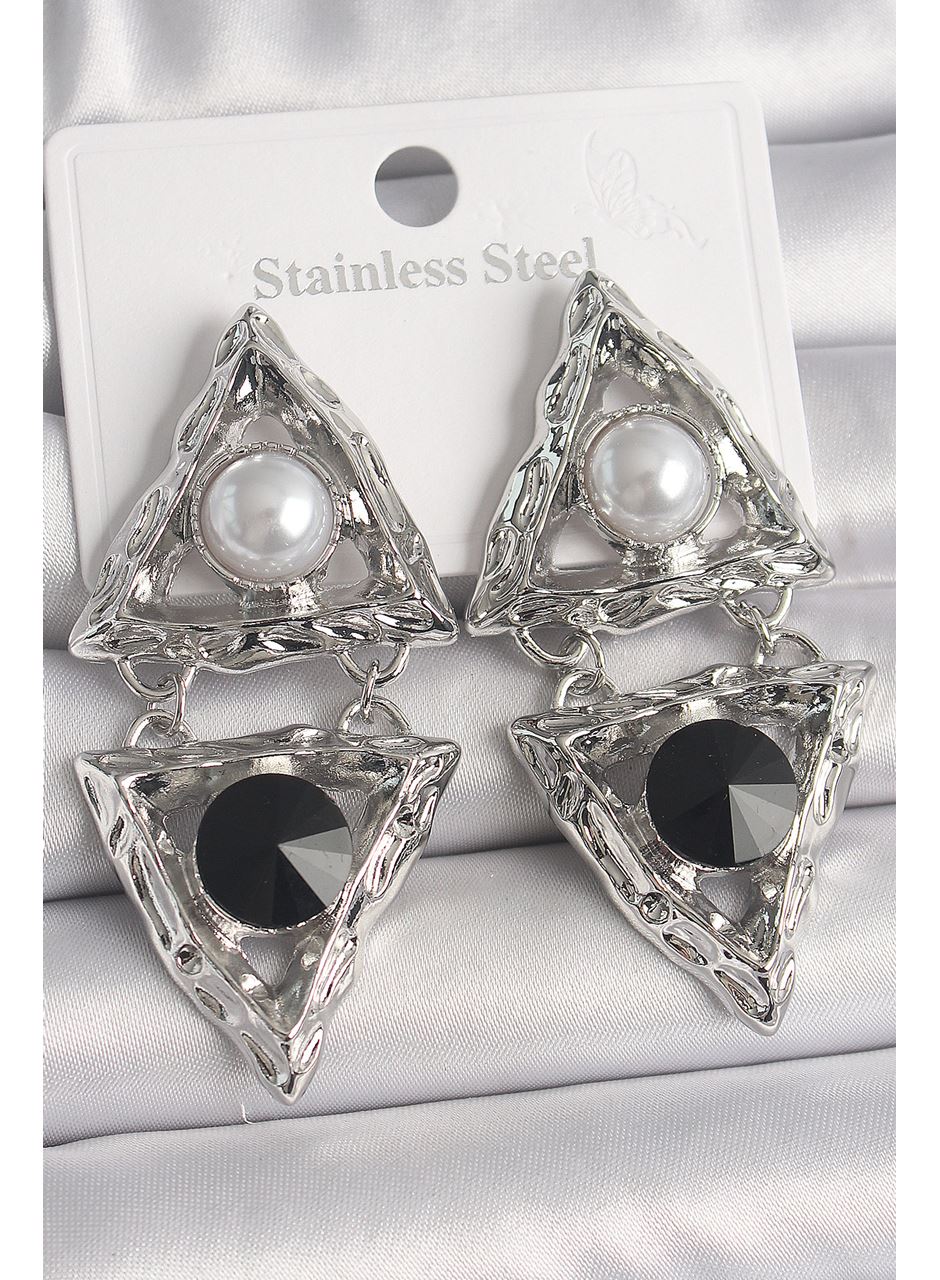 Pirinç Gümüş Renk Sallantı Üçgen Model İnci Detay Kadın Küpe
