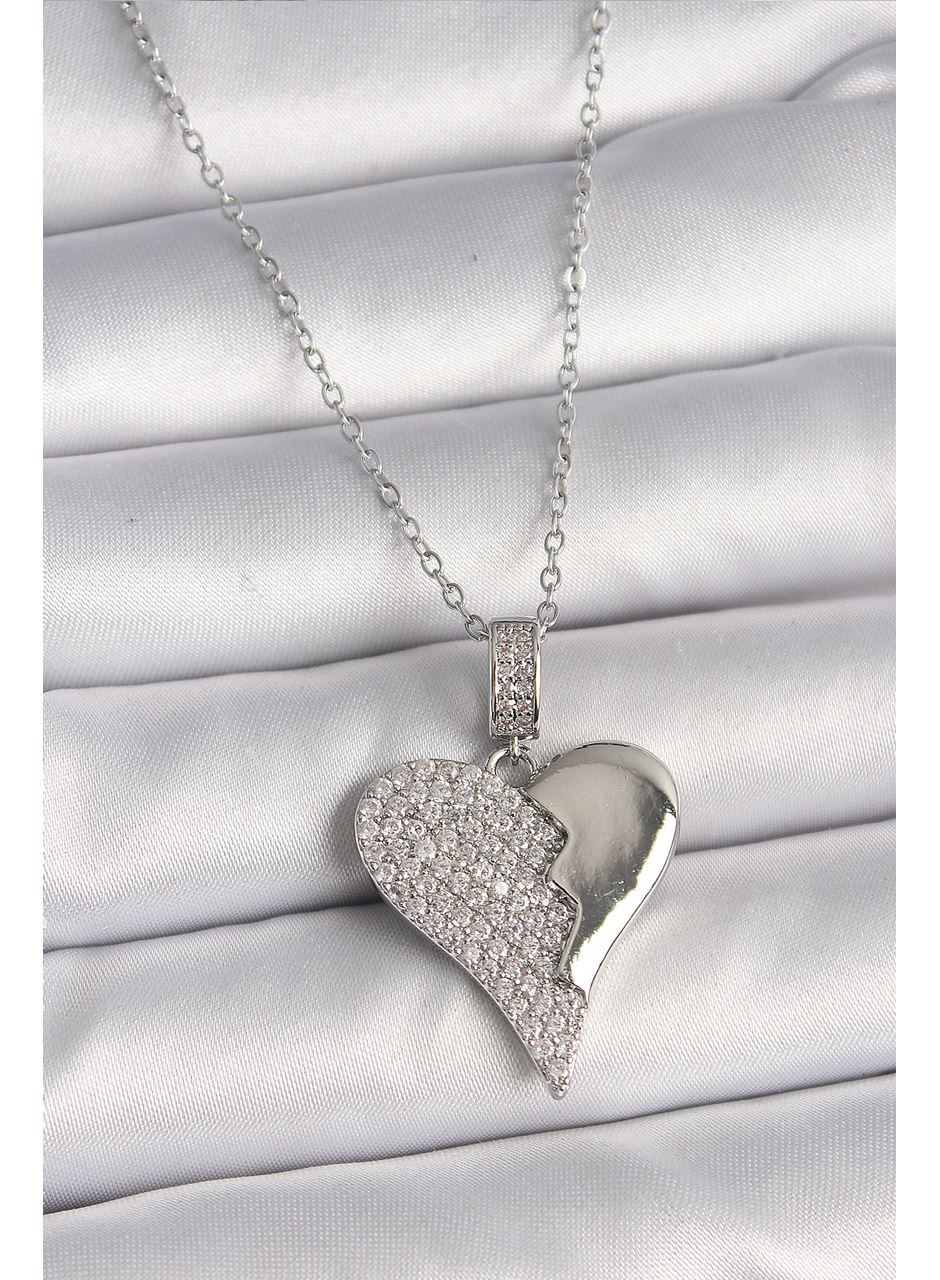 316L Çelik Gümüş Renk Zincir Zirkon Taşlı Kırık Kalp Model Kadın Kolye