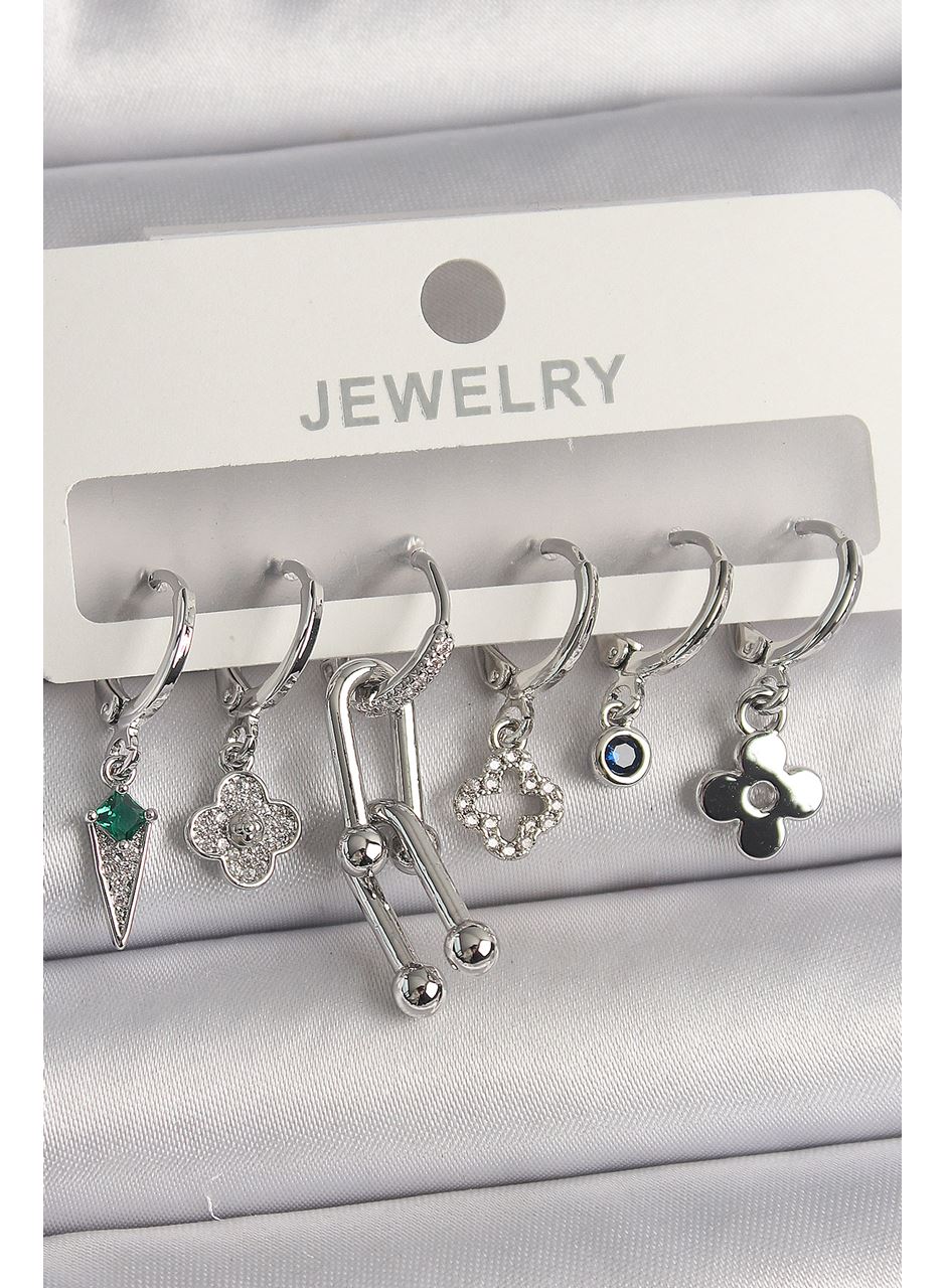 Pirinç Gümüş Renk Zirkon Taşlı Çoklu Figür Kadın Küpe Seti