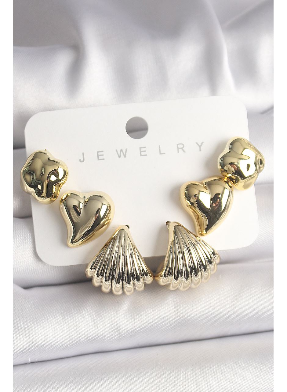 Gold Renk Yonca Kalp Deniz Kabuğu Figür CCB Kadın Küpe Seti