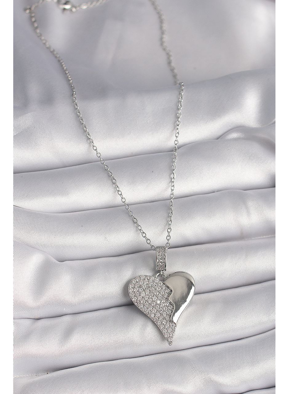 316L Çelik Gümüş Renk Zincir Zirkon Taşlı Kırık Kalp Model Kadın Kolye