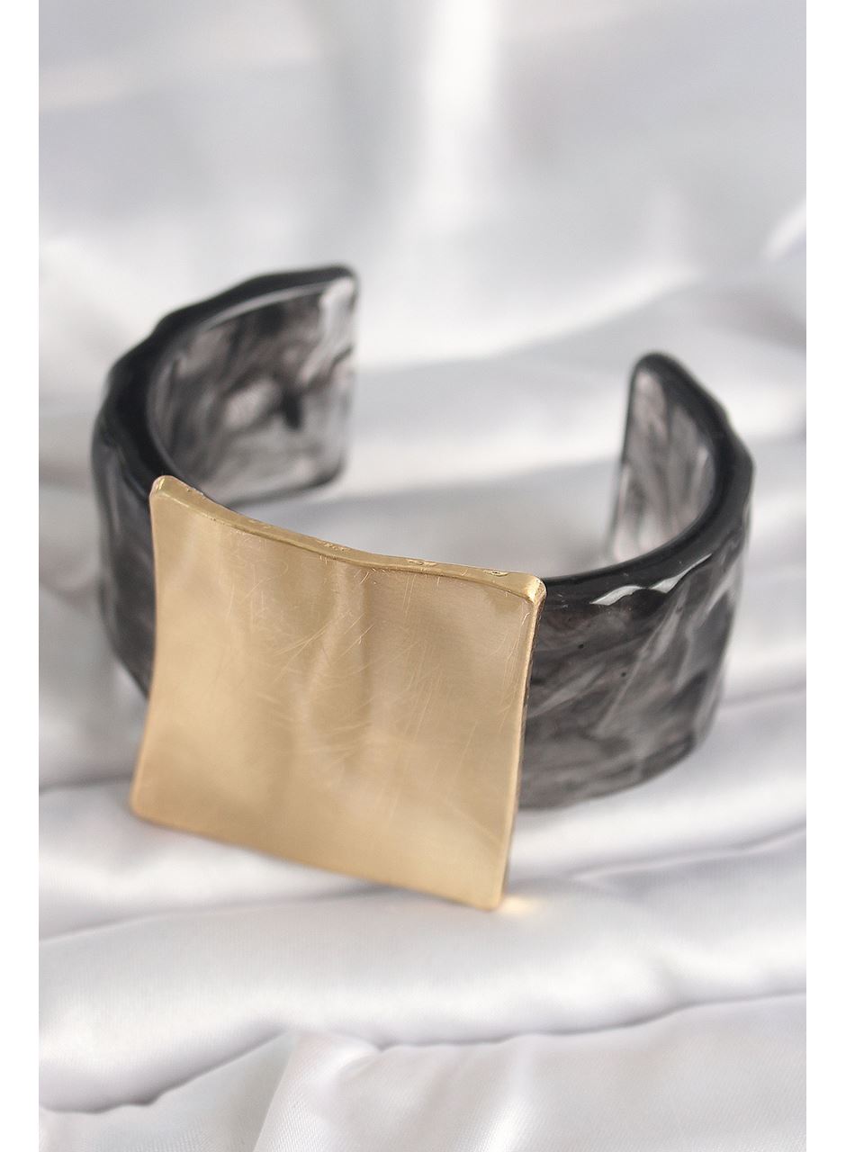Siyah Mermer Desen Akrilik Plastik Gold Kare Plaka Model Vintage Kadın Bilezik