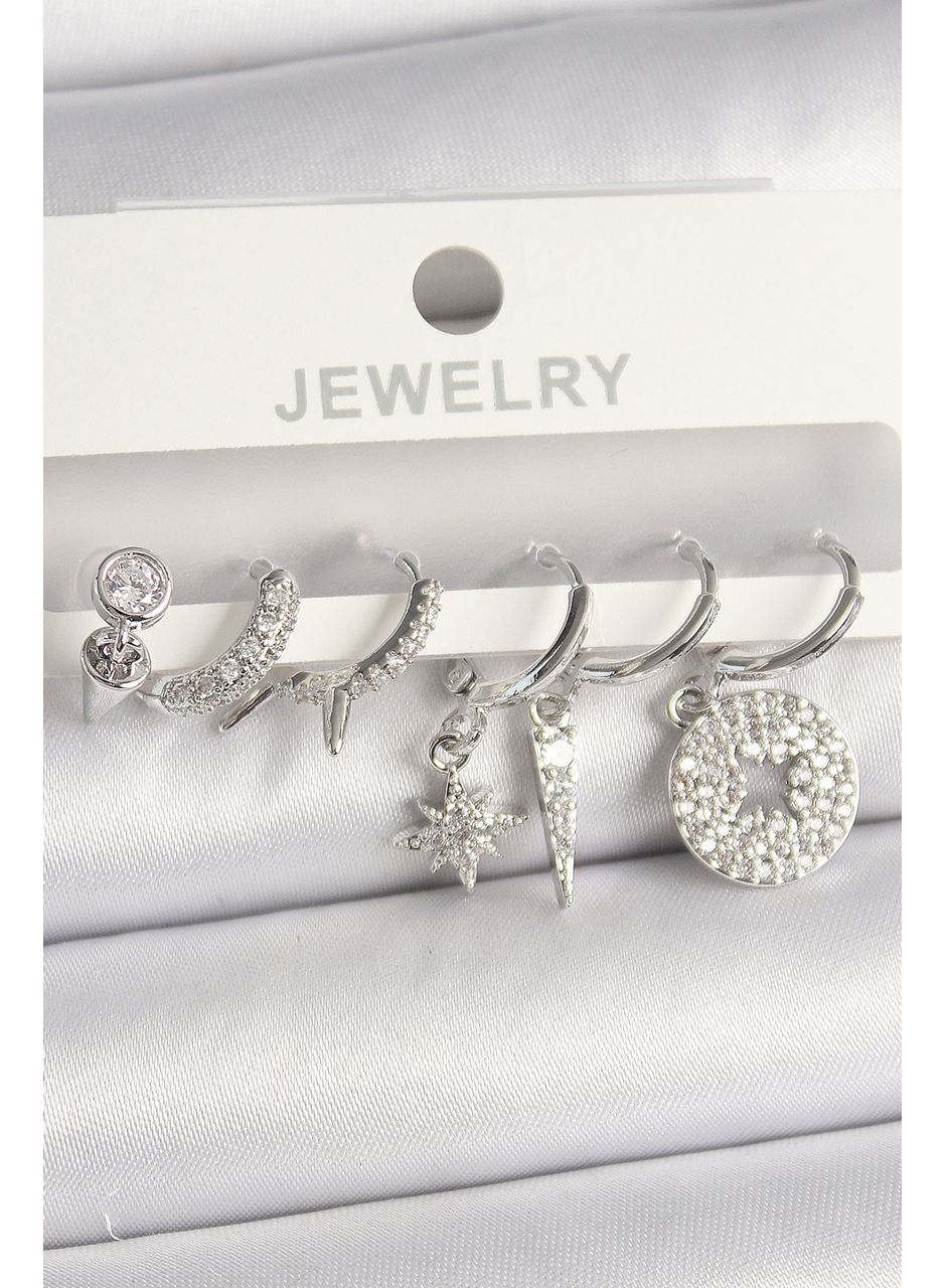 Pirinç Gümüş Renk Zirkon Taşlı Çoklu Figür Kadın Küpe Seti