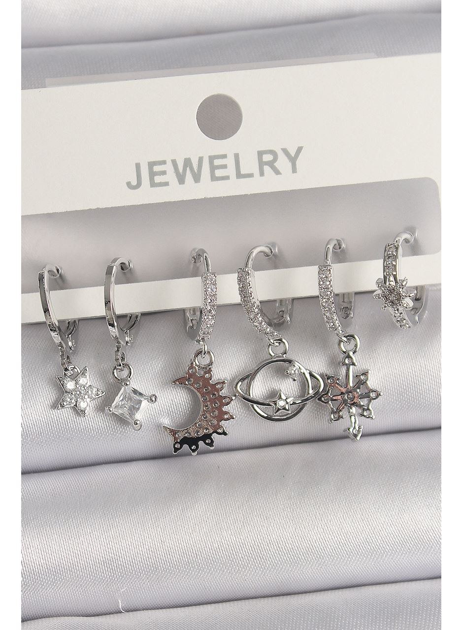 Pirinç Gümüş Renk Zirkon Taşlı Gezgen Model Kadın Küpe Seti