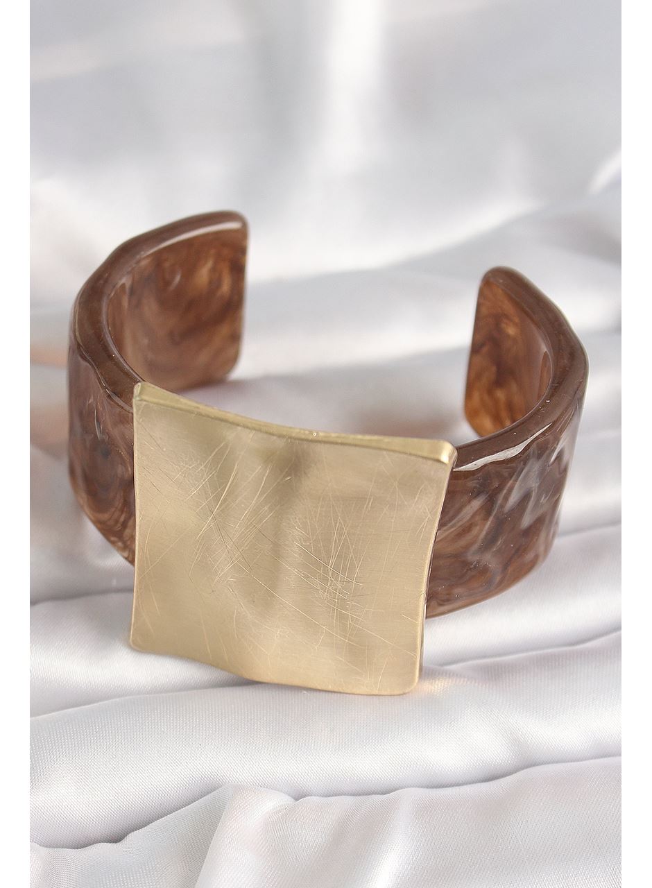 Kahverengi Mermer Desen Akrilik Plastik Gold Kare Plaka Model Vintage Kadın Bilezik