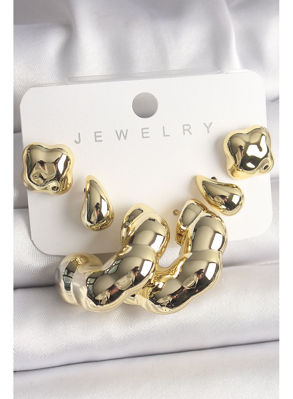 Gold Renk Yonca Damla Halka Model CCB Plastik Kadın Küpe Seti