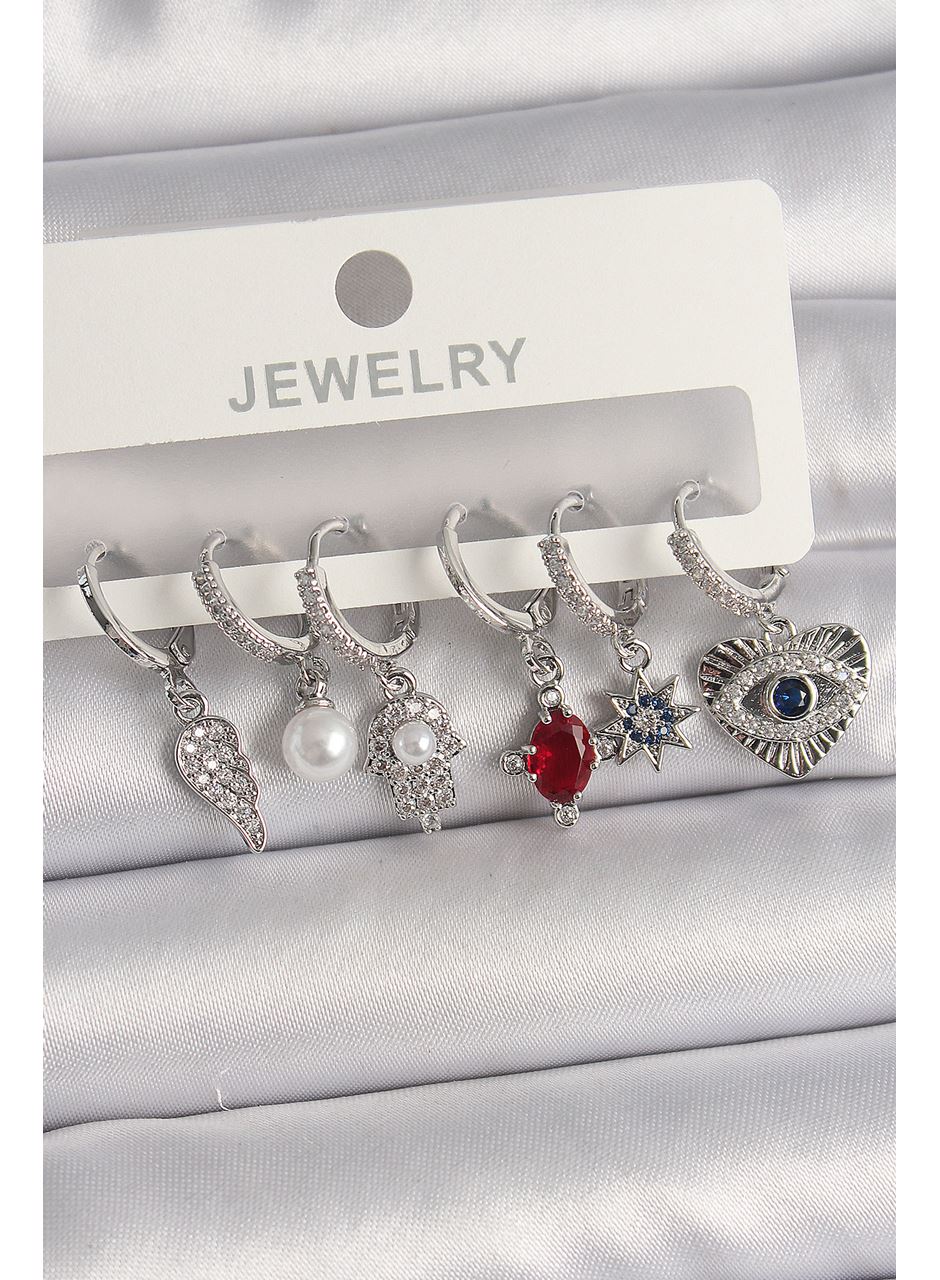 Pirinç Gümüş Renk Sallantı Zirkon Taşlı Fatma Ana El Figür Kadın Küpe Seti