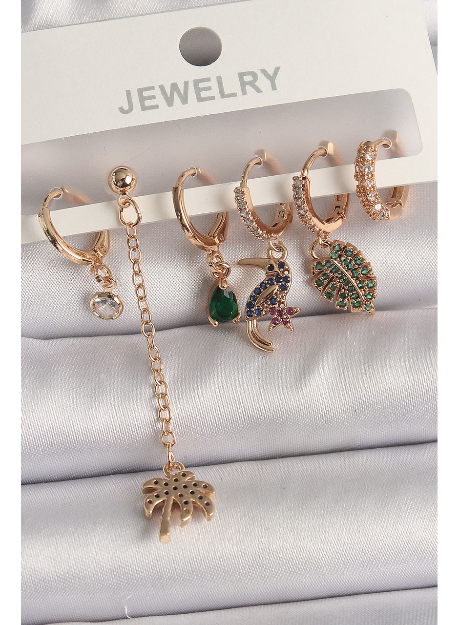 Pirinç Gold Renk Sallantı Zirkon Taşlı Ağaç Figür Kadın Küpe Seti