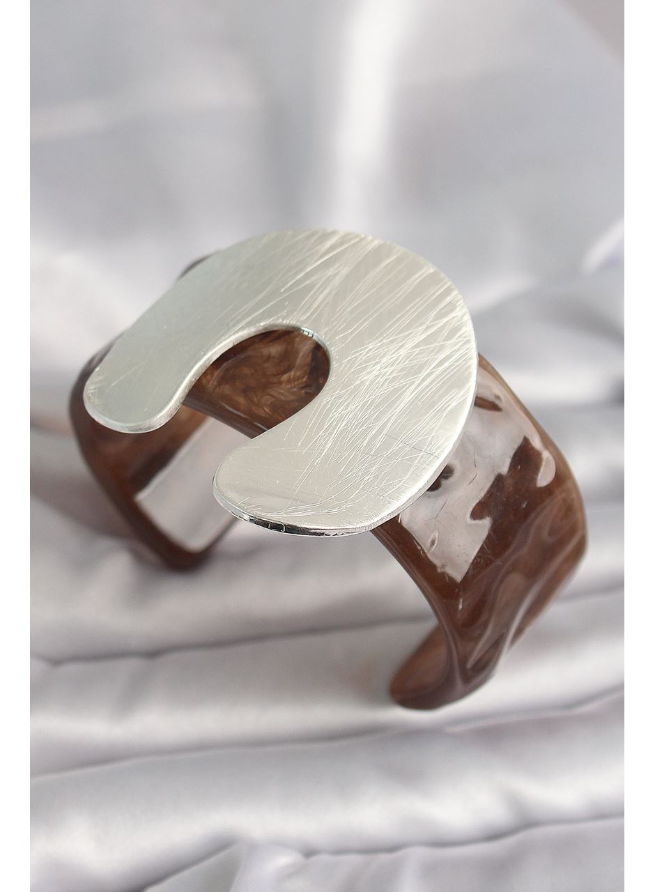 Kahverengi Mermer Desen Akrilik Plastik Gümüş Plaka Model Vintage Kadın Bilezik