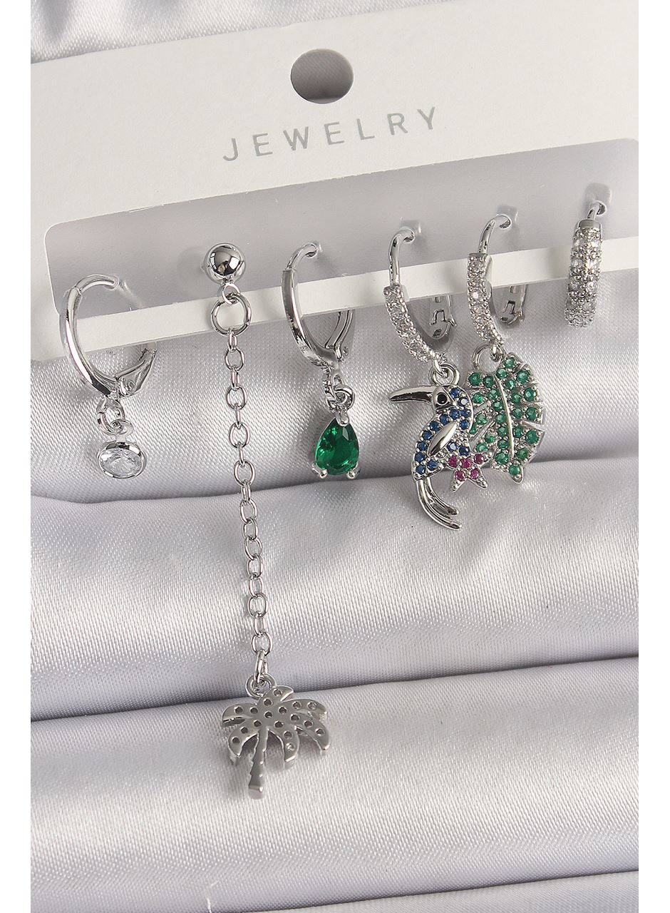 Pirinç Gümüş Renk Sallantı Zirkon Taşlı Ağaç Figür Çoklu Kadın Küpe Seti