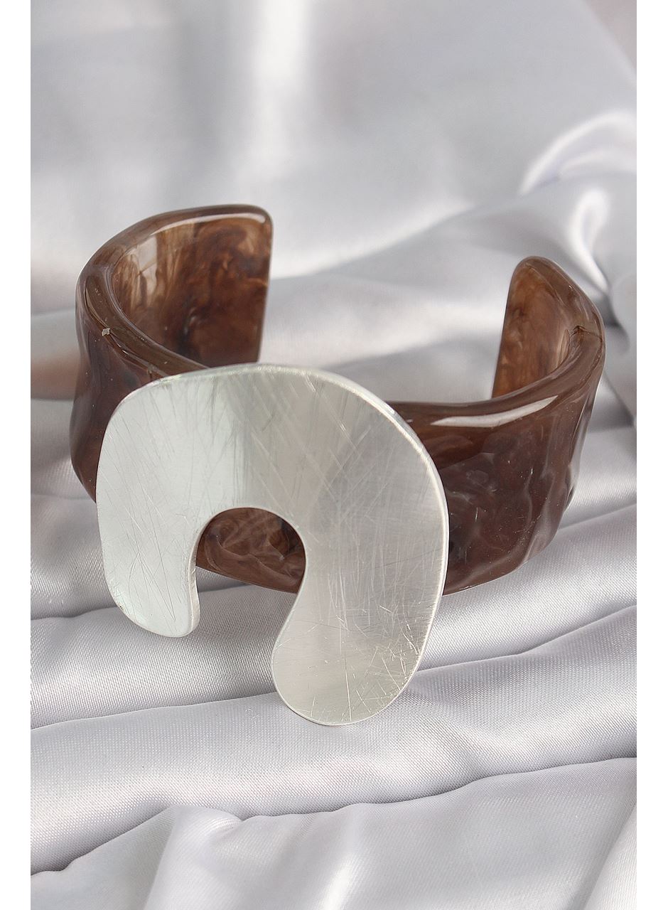 Kahverengi Mermer Desen Akrilik Plastik Gümüş Plaka Model Vintage Kadın Bilezik