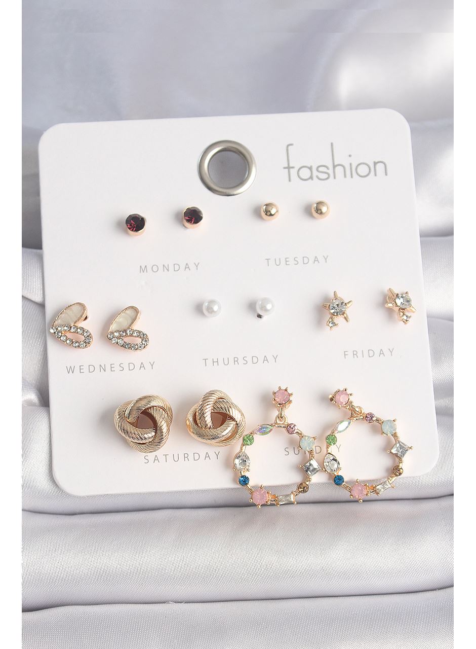 Pirinç Gold Renk Renkli Zirkon Taşlı Kalp Detay 7 Çift Kadın Küpe Seti