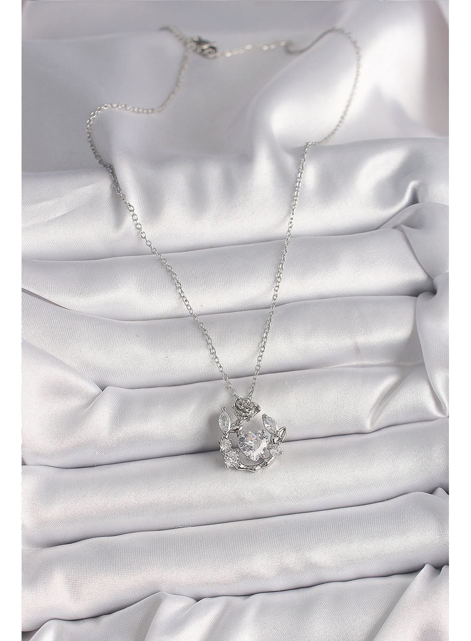 316L Çelik Gümüş Renk Zincir Zirkon Taşlı Kalp Figür Gül Detay Kadın Kolye