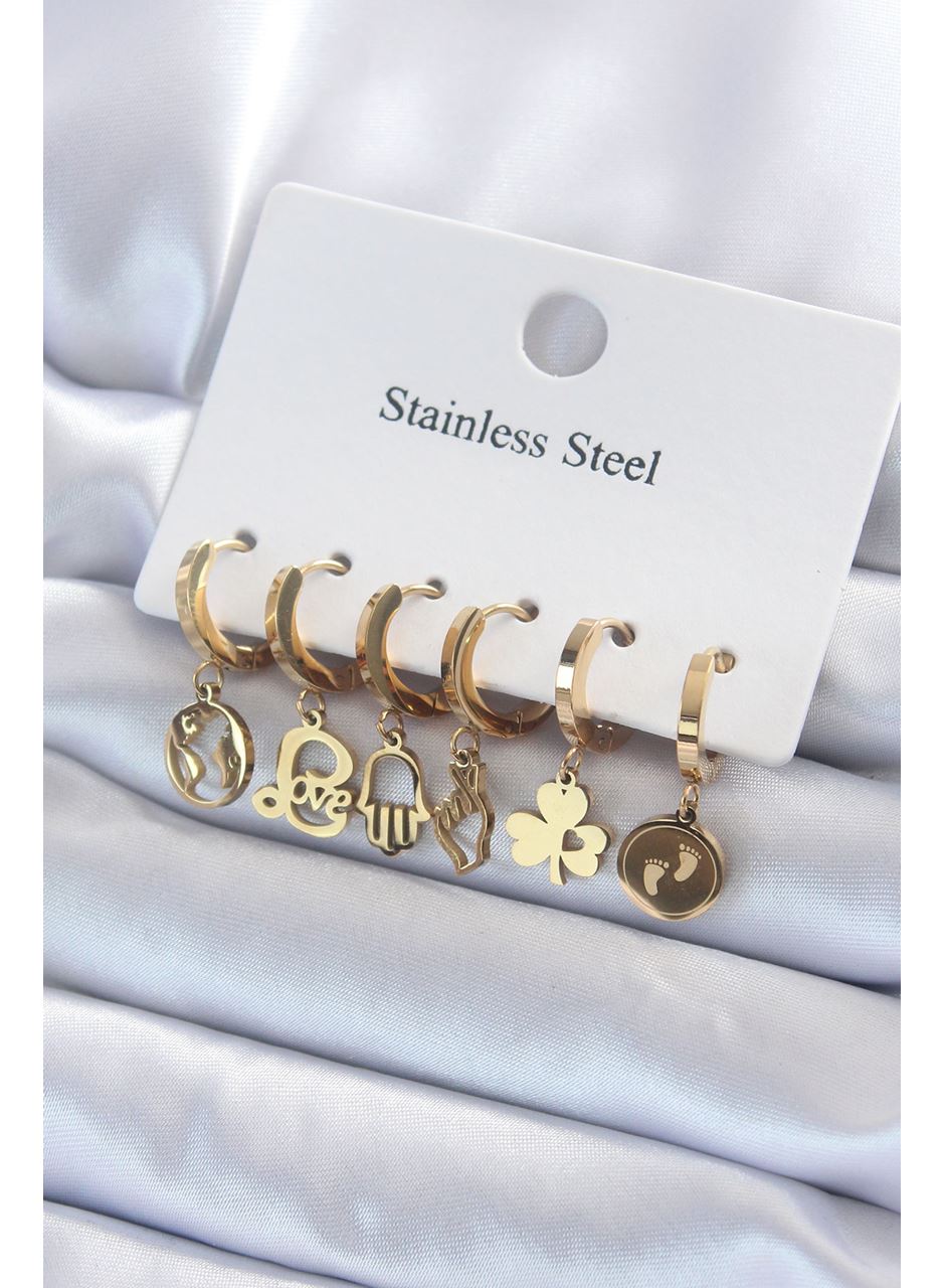 316L Çelik Gold Renk Çoklu Figür Model Kadın Küpe Seti