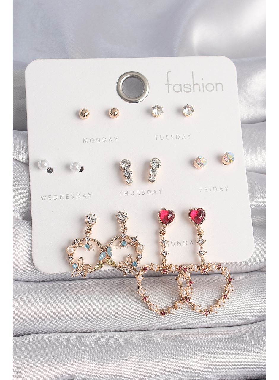 Pirinç Gold Renk Zirkon Taşlı Sallantı Kalp Figür 7 Çift Kadın Küpe Seti