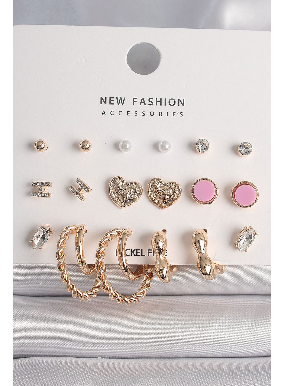 Pirinç Gold Renk Zirkon Taşlı Burug Halka Model İşlemeli Kalp Detay 9 Çift Kadın Küpe Seti