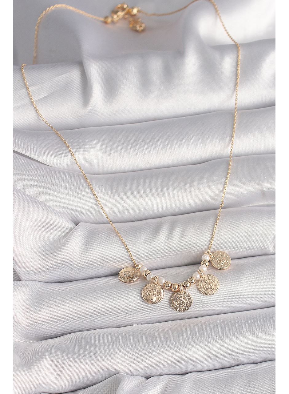 Pirinç Gold Renk 5'Li Osmanlı Tuğra Figür İnci Detay Kadın Kolye